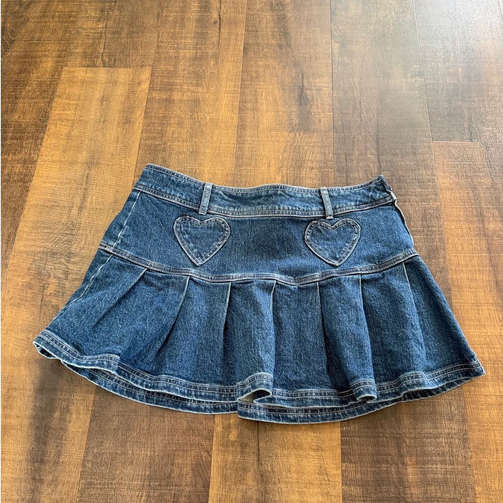 Sweet Society Denim Heart Pocket Pleated Mini Skirt Y2K Blue Size Large